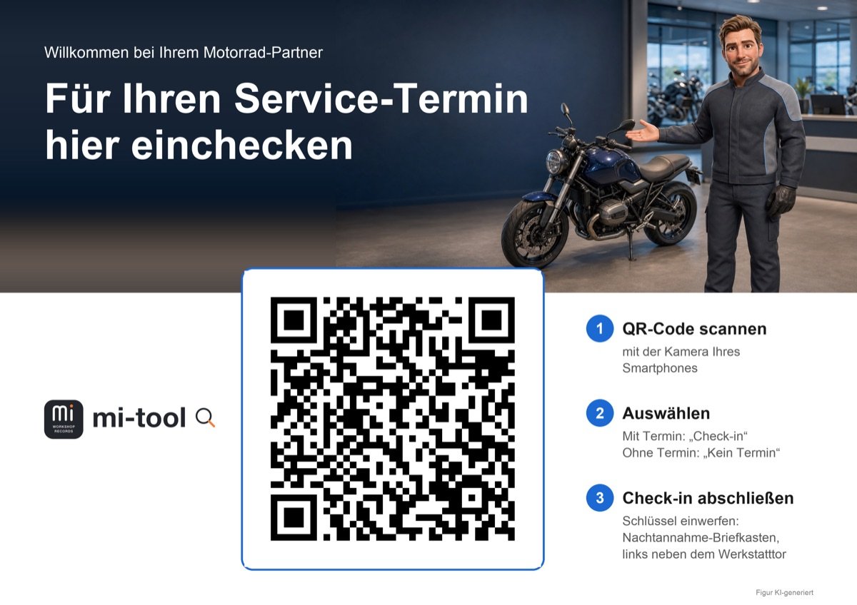 Aushang A4 quer: Für Ihren Service-Termin hier einchecken, mit Muster-QR-Code und drei Schritten