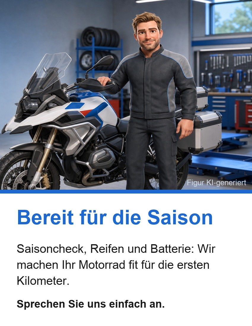 Werbebild mit KI-Figur neben einem Motorrad in der Werkstatt, Überschrift „Bereit für die Saison“